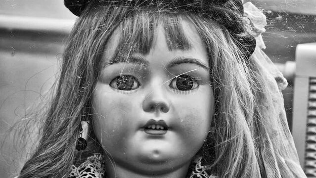scary doll with white flashing scratches