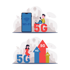 5G Network Wireless Technology with Man and Woman Using High-speed Internet Vector Set