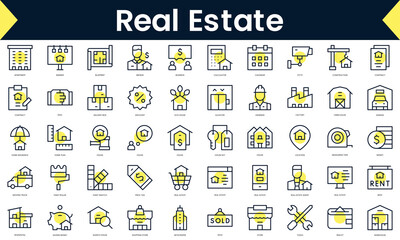 Set of thin line real estate Icons. Line art icon with Yellow shadow. Vector illustration - obrazy, fototapety, plakaty