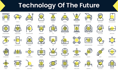 Set of thin line technology of the future Icons. Line art icon with Yellow shadow. Vector illustration