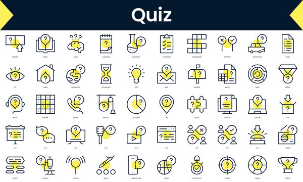 Set of thin line quiz Icons. Line art icon with Yellow shadow. Vector illustration