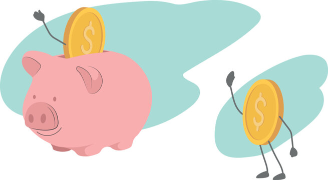 Vector illustration of piggy bank with coins. The concept of profit and cashback. Money attracts money