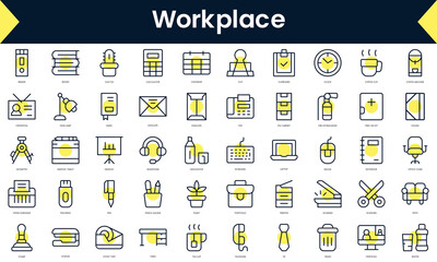 Set of thin line workplace Icons. Line art icon with Yellow shadow. Vector illustration