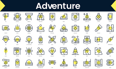 Set of thin line adventure Icons. Line art icon with Yellow shadow. Vector illustration