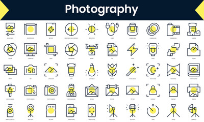 Set of thin line photography Icons. Line art icon with Yellow shadow. Vector illustration