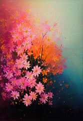 Beautiful vibrant bunch of pink flowers on a abstract background, painted in very thick oil paint with a palette knife
