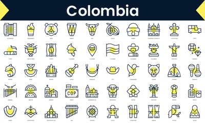 Fototapeten Set of thin line colombia Icons. Line art icon with Yellow shadow. Vector illustration © PixSet