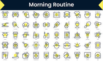 Set of thin line morning routine Icons. Line art icon with Yellow shadow. Vector illustration