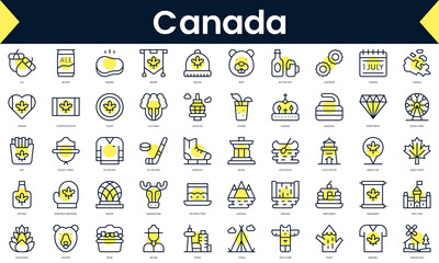 Set of thin line canada Icons. Line art icon with Yellow shadow. Vector illustration