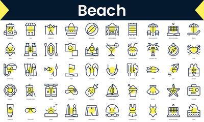 Set of thin line beach Icons. Line art icon with Yellow shadow. Vector illustration