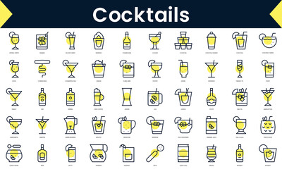 Set of thin line cocktails Icons. Line art icon with Yellow shadow. Vector illustration