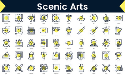 Set of thin line scenic arts Icons. Line art icon with Yellow shadow. Vector illustration