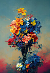 Expressive, vibrant, red, yellow and blue flowers - painted in oil paints on canvas and rough paper