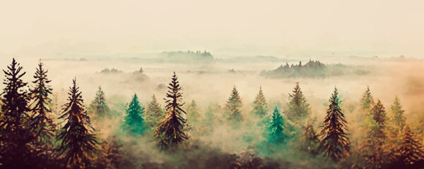 Misty landscape with fir forest in hipster vintage