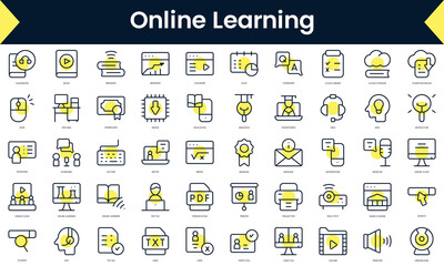Set of thin line online learning Icons. Line art icon with Yellow shadow. Vector illustration