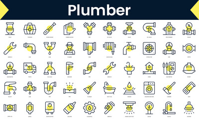 Set of thin line plumber Icons. Line art icon with Yellow shadow. Vector illustration - obrazy, fototapety, plakaty