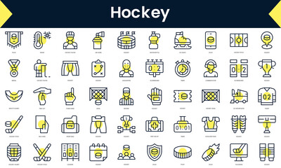 Set of thin line hockey Icons. Line art icon with Yellow shadow. Vector illustration