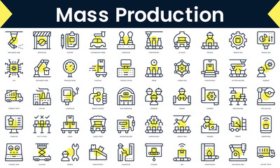 Set of thin line mass production Icons. Line art icon with Yellow shadow. Vector illustration