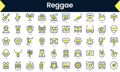 Set of simple outline reggae Icons. Line art icon with Yellow shadow. Vector illustration