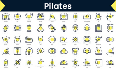Set of simple outline pilates Icons. Line art icon with Yellow shadow. Vector illustration