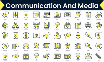 Set of simple outline communication and media Icons. Line art icon with Yellow shadow. Vector illustration