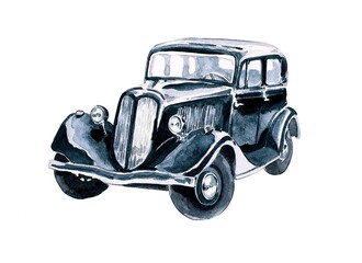 Black retro car. Watercolor drawing on a white background.