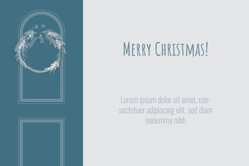 Fototapeta na wymiar Christmas wreath on the dark door. Card with copy space
