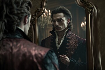Fototapeta na wymiar Baroque dressed man looking in the mirror, generative ai