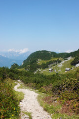 Fototapeta na wymiar The view of Sarsteinalm from the trekking route to Hoher Sarstein mountain, Upper Austria region