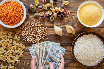 Economical situation in the world. Increase costs for food expenses. Food and money concept. Dollar...