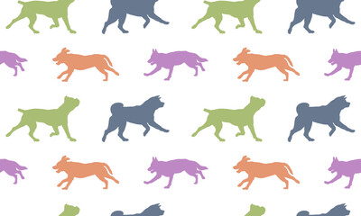 Seamless pattern. Silhouette dogs different breeds isolated on white background. Endless texture. Design for fabric, decor, wallpaper, wrapping paper, surface design. Vector illustration.