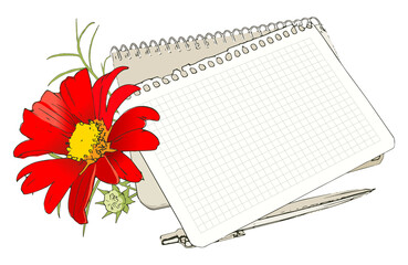 a notebook, a pen and a red flower isolated, vector illustration