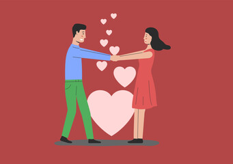 Loving Boyfriend And Girlfriend Dancing, Holding Hands in Honor Of Happy Valentines Day. Smiling Man And Woman In Love. Human Relationships, Happiness Love. Cartoon Flat Style. Vector Illustration