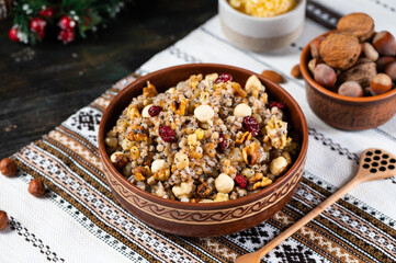 Traditional Christmas kutia. Kutya Ukrainian. Boiled wheat porridge. Slavic holiday ritual dish. Orthodox christmas.