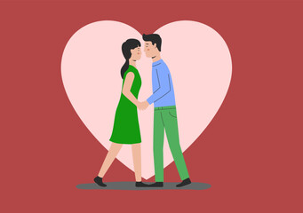 Boyfriend And Girlfriend Kissing, Holding Hands in Honor Of Happy Valentines Day. Happy Man And Woman In Love. Human Romantic Relationships, Happiness Love. Cartoon Flat Style. Vector Illustration