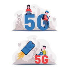 5G Network Wireless Technology with Man and Woman Using High-speed Internet Vector Set
