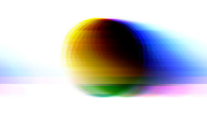 Multicolored glitched round geometric shape with noise, scanlines and screensclices on white background in corrupted graphics style.