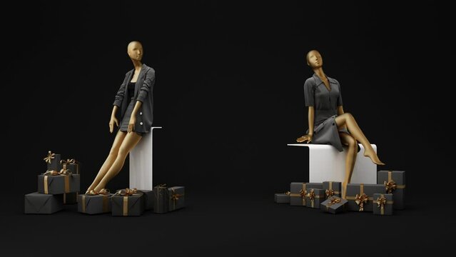 Statue of model mannequin in gold for showcasing fashion formal clothes in an abstract concept. on stone pallet geometric product stand. with promotion sale. 3d rendering animation looped