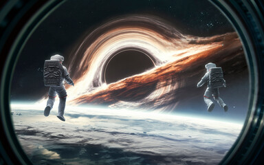 3D illustration of astronaut looks in giant black hole at Earth orbit. 5K realistic science fiction art. Elements of image provided by Nasa - 549528730