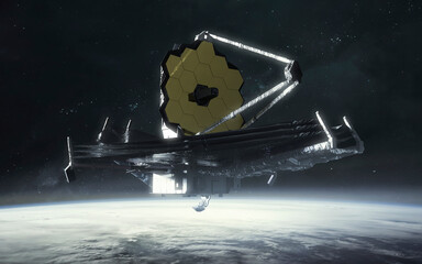 3D illustration of The James Webb telescope working. JWST launch art. Elements of image provided by Nasa - 549528781