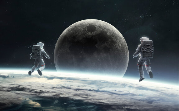 3D illustration of astronauts looks at Moon. Artemis space program. 5K realistic science fiction art. Elements of image provided by Nasa