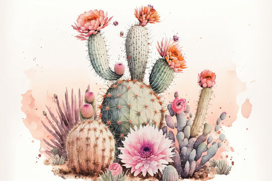 a cactus on a white background, surrounded by pink and peach flowers, water color style, 8k, hd, boho, ratio size 3:2, AI assisted finalized in Photoshop by me 