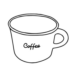 Black and white hand drawing outline vector illustration of a cup for hot coffee with lettering Coffee isolated on a white background