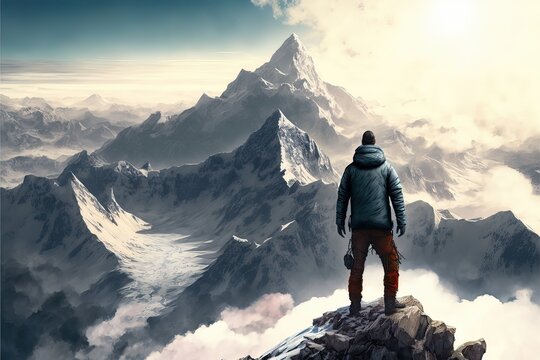 paysage de montagne avec un alpiniste, illustration, peinture num&eacute;rique