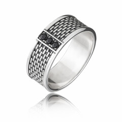 Jewellery ring with onyz isolated with reflection on a white background