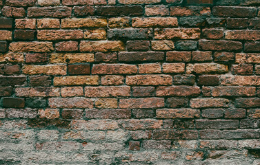 Urban background. Detail of an old dirty red brick wall.