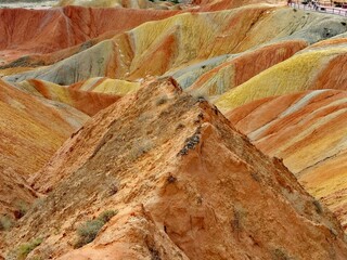 Aerial shot above Zhangye National Geopark colorful mountains in China