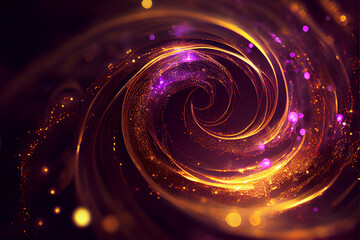 golden and purple abstract glow swirling glitter lights, defocus , Christmas, New Year background , digital illustration,