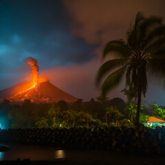 Volcano eruption over tropical village