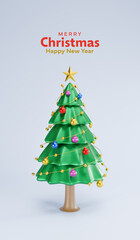 3D Rendering. Celebration concept. Decorative christmas tree decorations 3d, Merry Christmas, Marry New Year, Xmas. Green color on background vertical